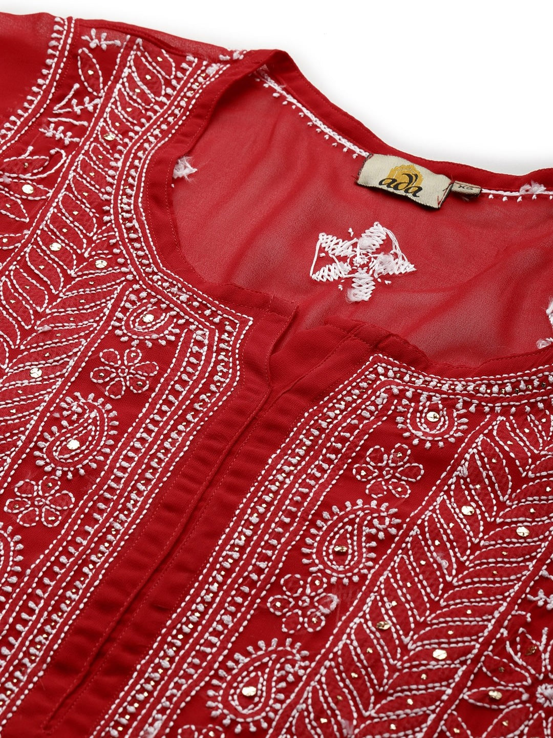 Ada Hand Embroidered Red Georgette Lucknow Chikankari Straight Kurta/Slip with Muqaish Work A411219