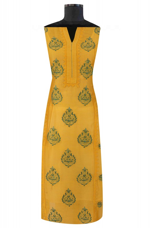 Ada Hand Embroidered Bright Yellow Chanderi Lucknowi Chikankari Unstitched Kurta Dupatta Set A320092
