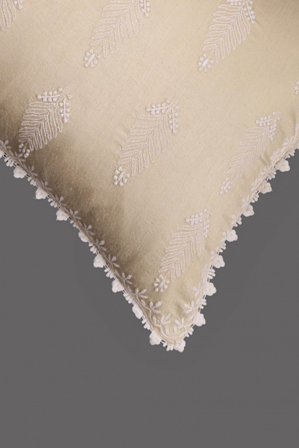 Ada Hand Embroidered Fawn Tusser Silk Lucknow Chikankari Pillow Cover Set of 2 A507379
