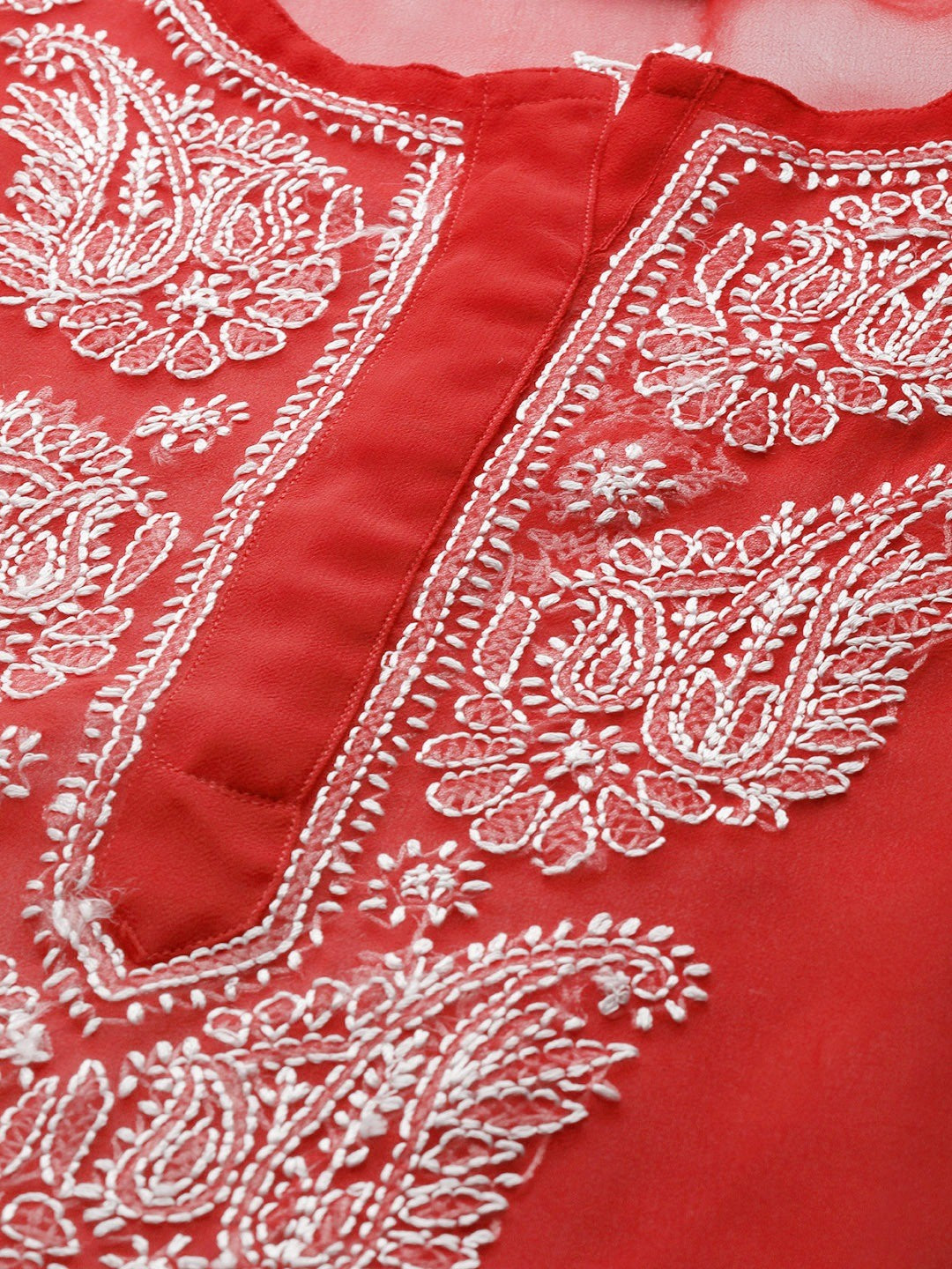 Ada Hand Embroidered Red Georgette Lucknowi Chikankari Straight Kurta With Slip A411289