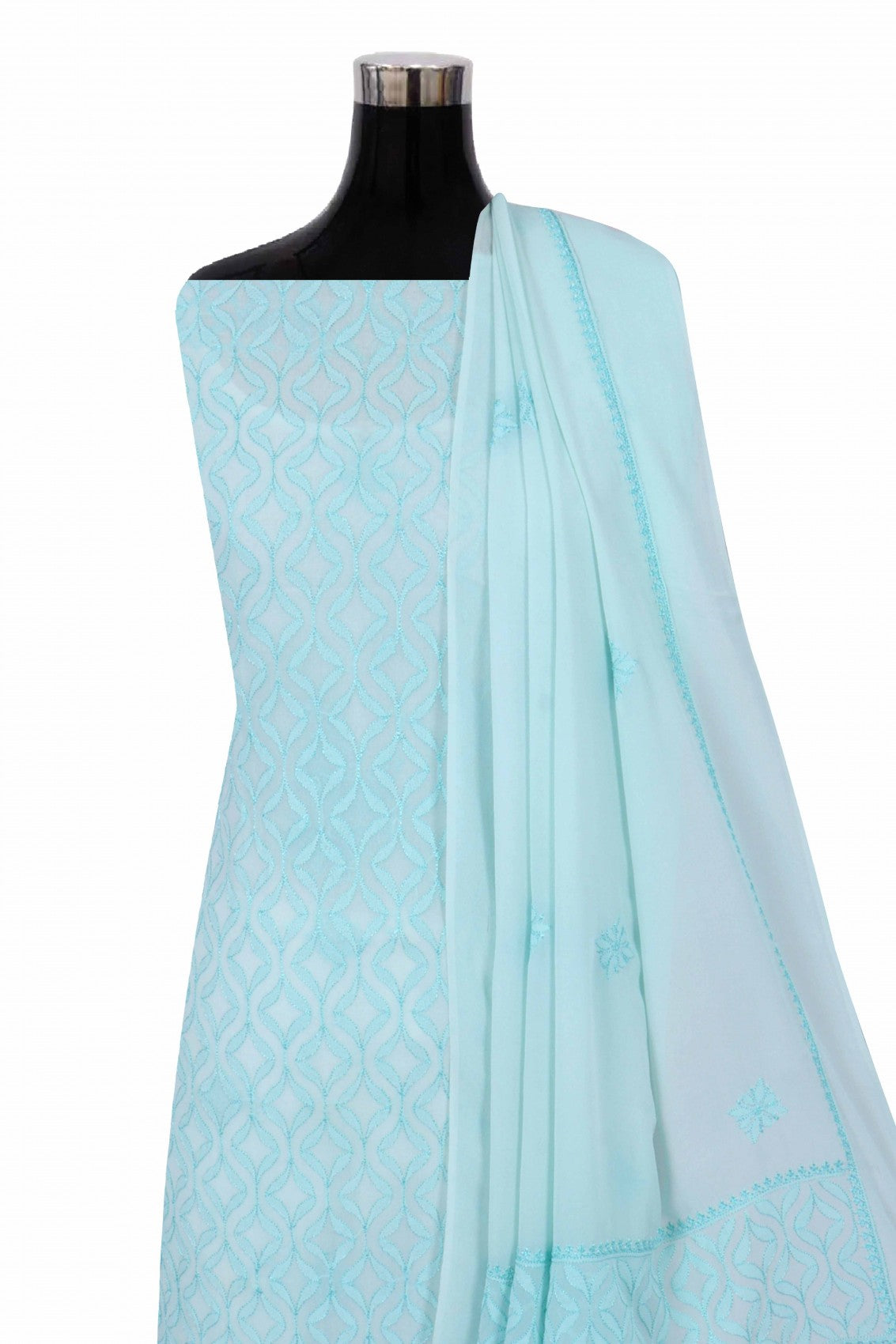 Ada Hand Embroidered Sea Green Georgette Lucknowi Chikankari Unstitched Kurta Dupatta Set A525503