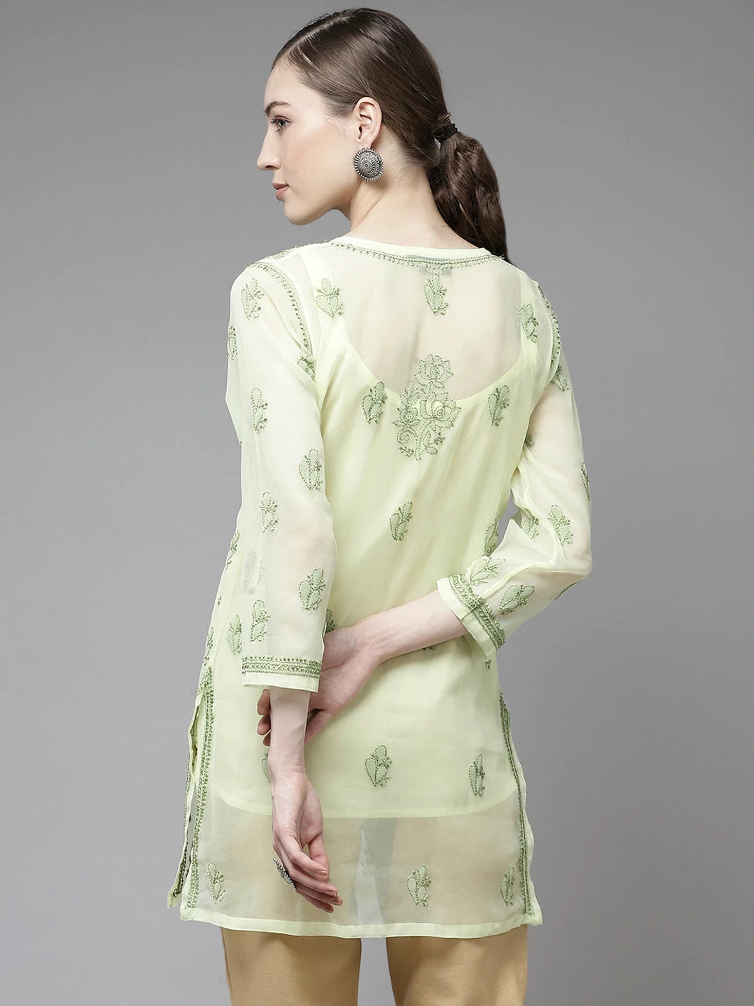 Ada Hand Embroidered Lemon Georgette Lucknow Chikan Kurti With slip-A911137