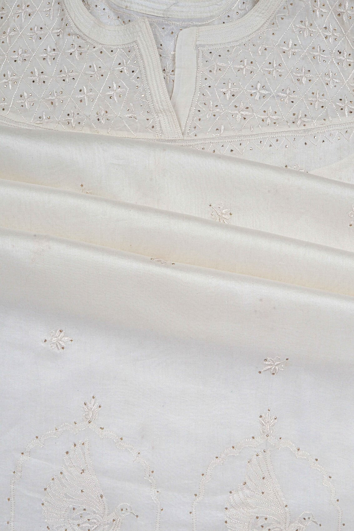 Ada Hand Embroidered White Chanderi Lucknowi Chikankari Unstitched Kurta Dupatta Set With Muqaish Work A595356