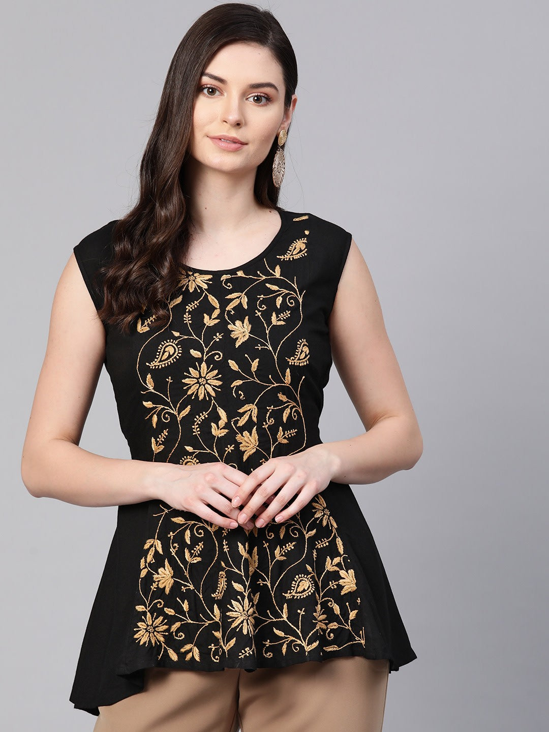Ada Hand Embroidered Black Rayon Lucknow Chikan Top A100382