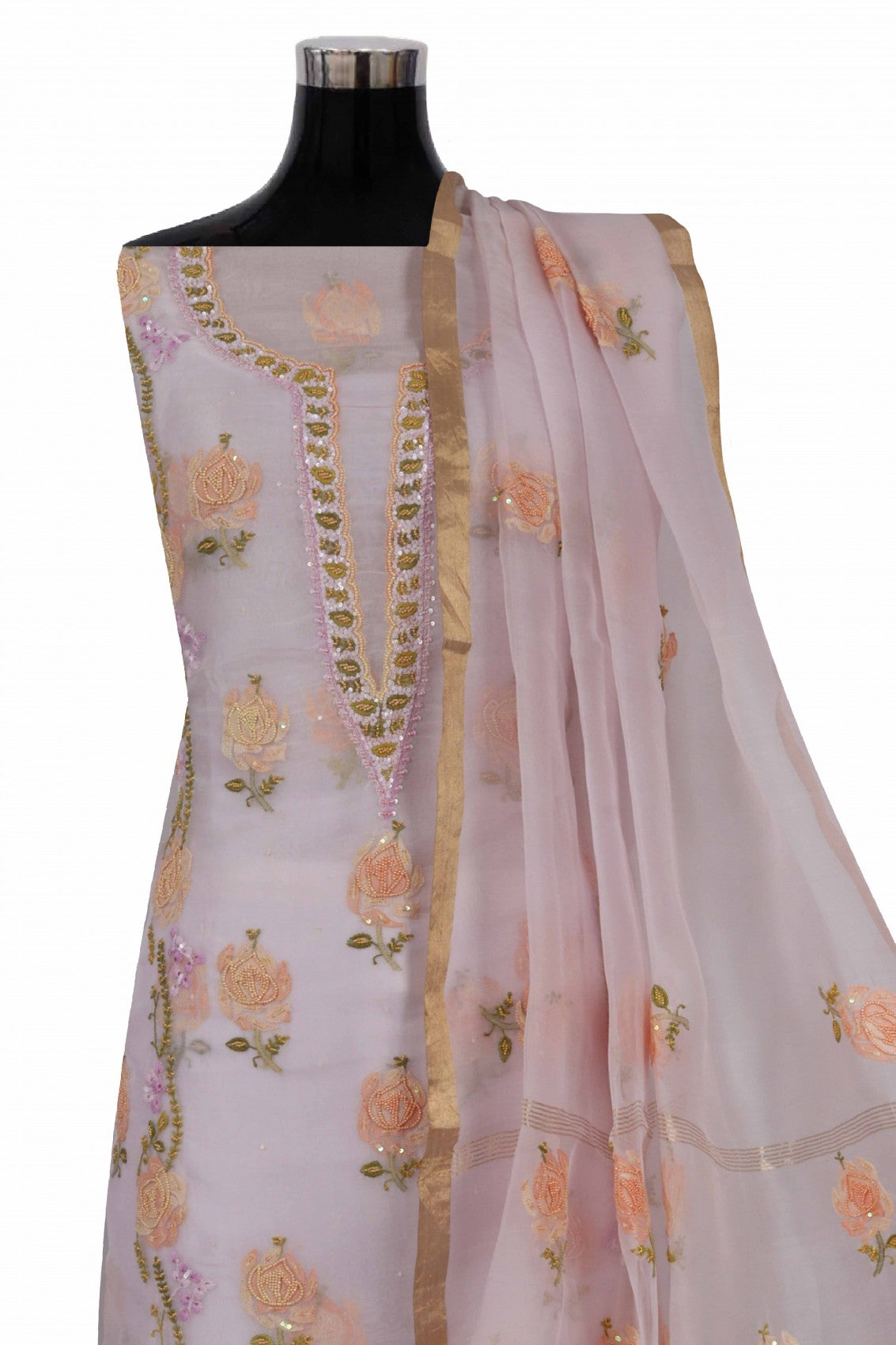 Ada Hand Embroidered Light Mauve Organza Lucknowi Chikankari Unstitched Kurta Dupatta Set With Pearl Work 01A140637