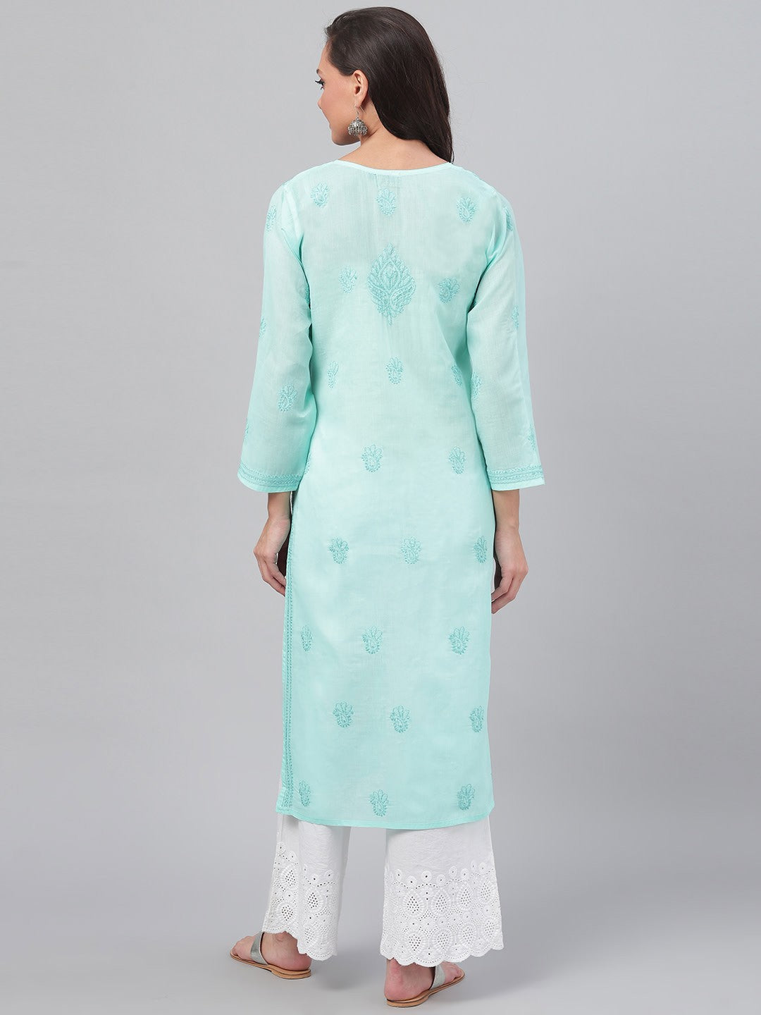 Ada Hand Embroidered Sea Green Cotton Lucknowi Chikankari Straight Kurta A238249