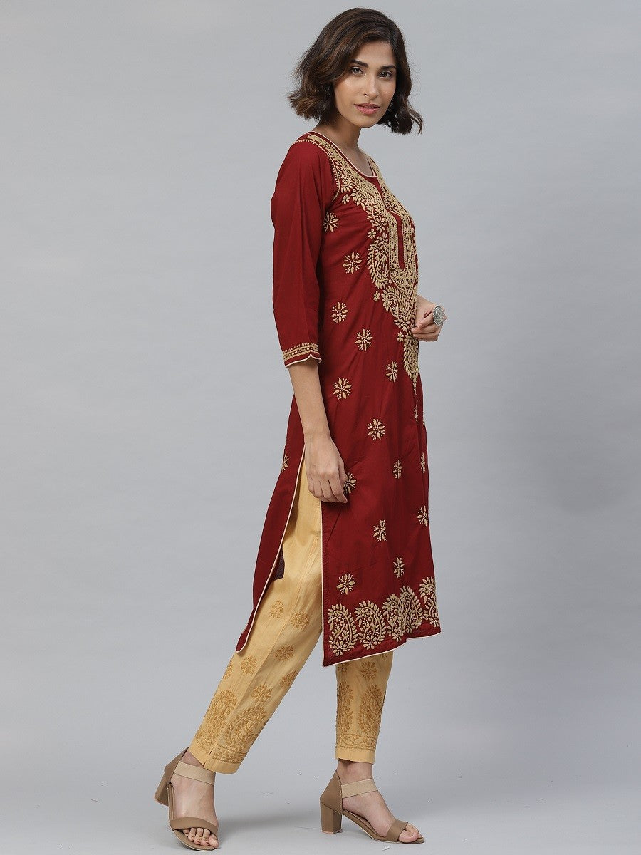 Ada Hand Embroidered Maroon Cotton Lucknowi Chikankari Kurta With Palazzo A811117