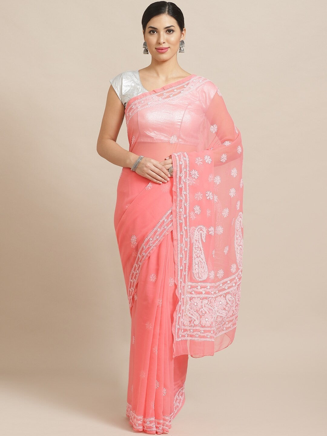 Ada Hand Embroidered Peach Georgette Lucknow Chikan Saree with Blouse A100572