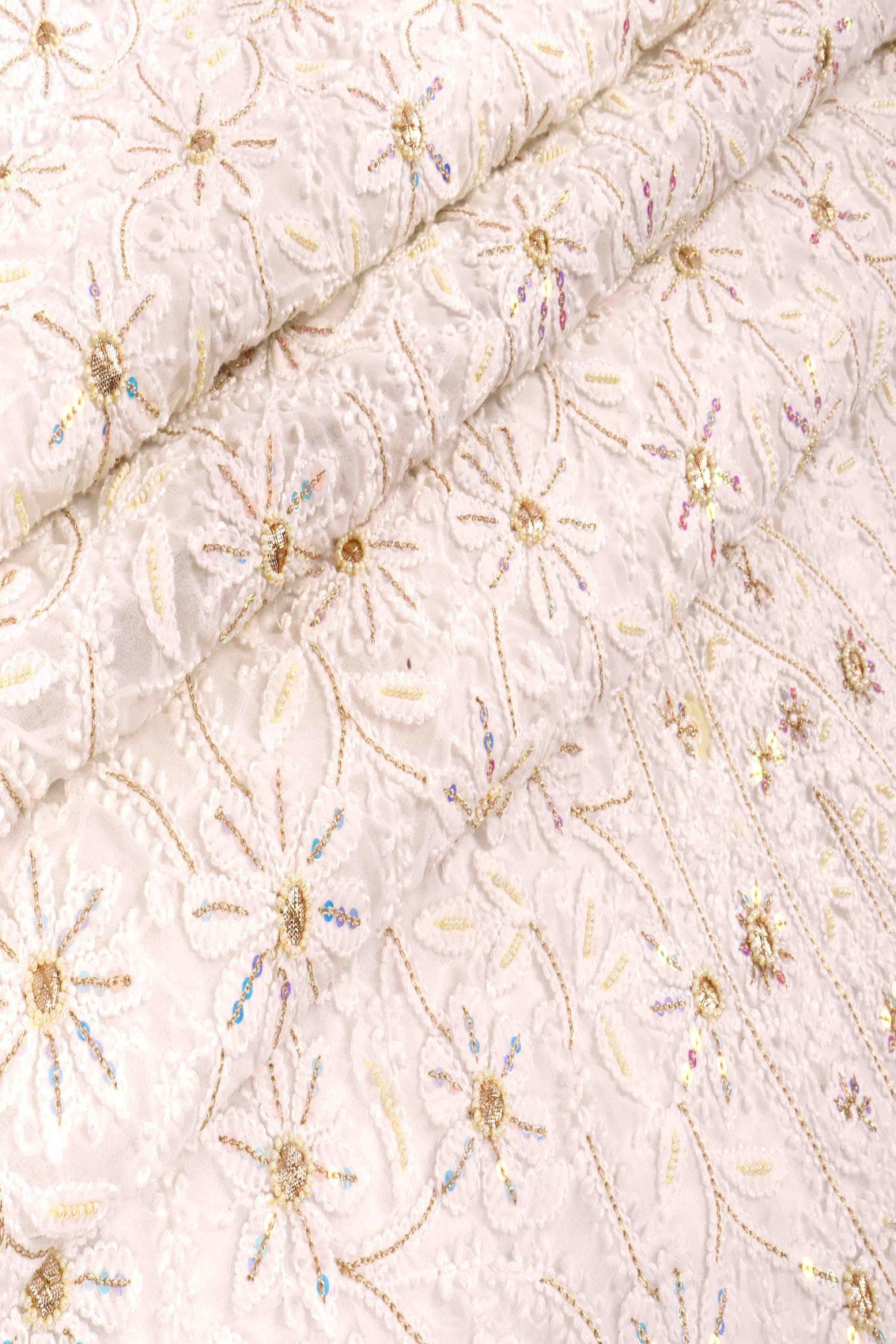 Ada Hand Embroidered White Georgette Lucknowi Chikankari Unstitched Suit Piece With Pearl Work A262204