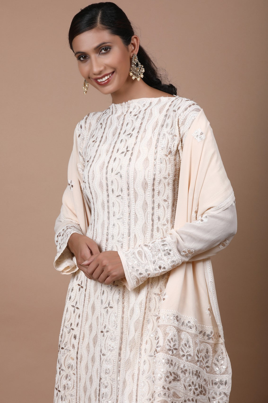 Ada Hand Embroidered Cream Pure Georgette Lucknowi Chikankari Semi-Stitched Anarkali Kurta Dupatta Set With Gota Patti Work 01A174899
