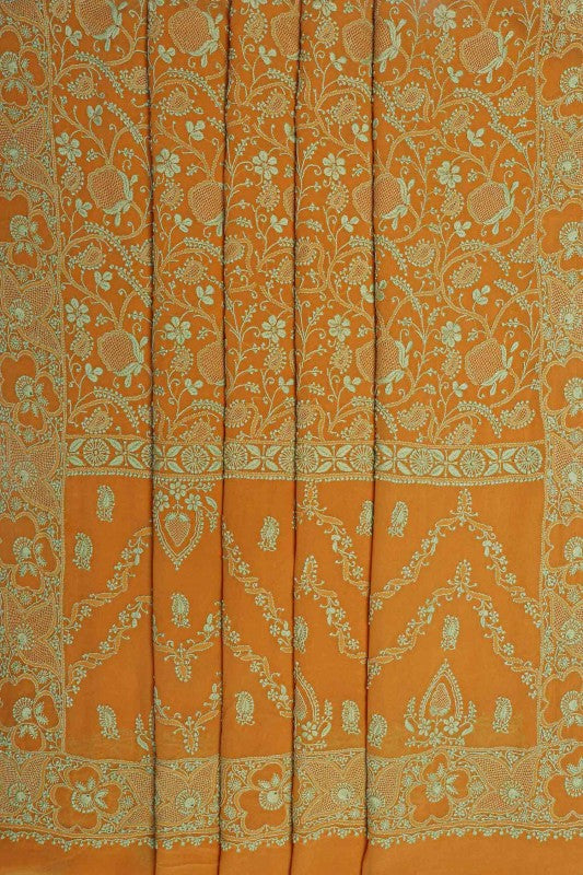 Ada Hand Embroidered Turmeric Yellow Pure Georgette Lucknow Chikan Saree With Blouse-A489063