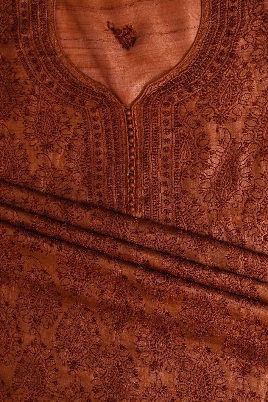 Ada Hand Embroidered Rust Tusser Silk Lucknowi Chikan Unstitched Kurta Piece-A508360