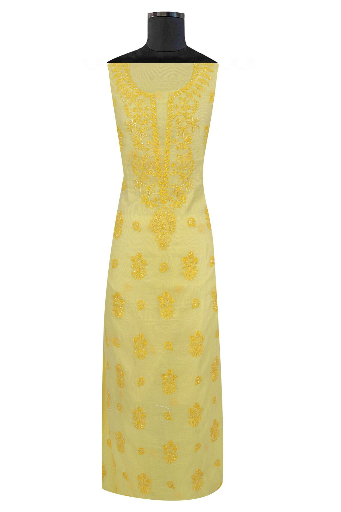 Ada Hand Embroidered Yellow Cotton Lucknowi Chikankari Unstitched Suit Piece With Cutdana Work A615368