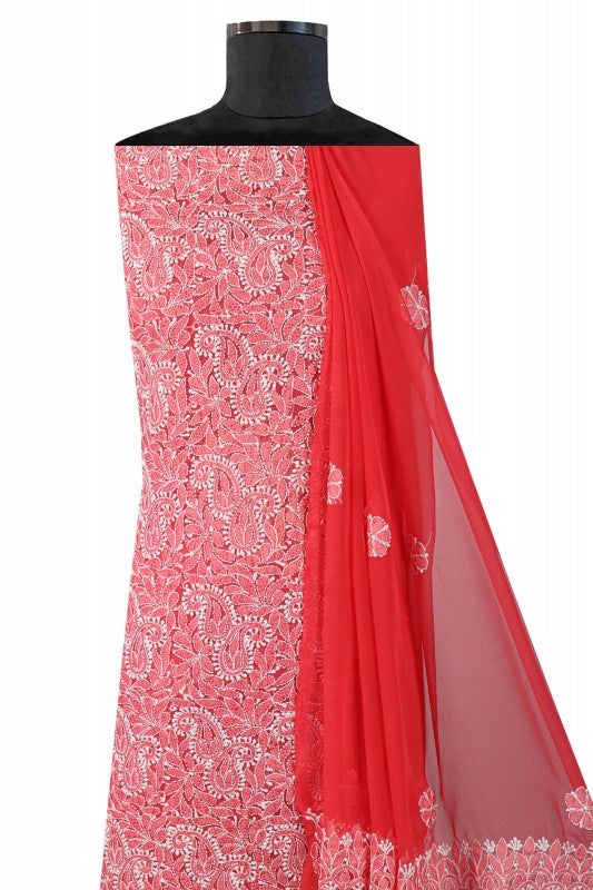 Ada Hand Embroidered Carrot Pink Georgette Lucknowi Chikan Unstitched Suit Piece A620185
