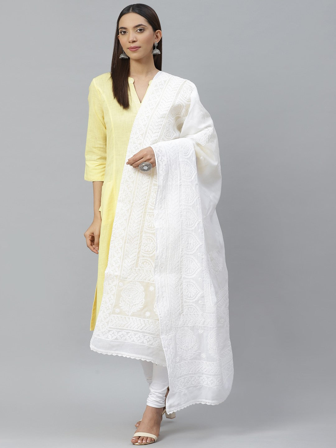 Ada Hand Embroidered White Cotton Lucknowi Chikankari Dupatta A511128