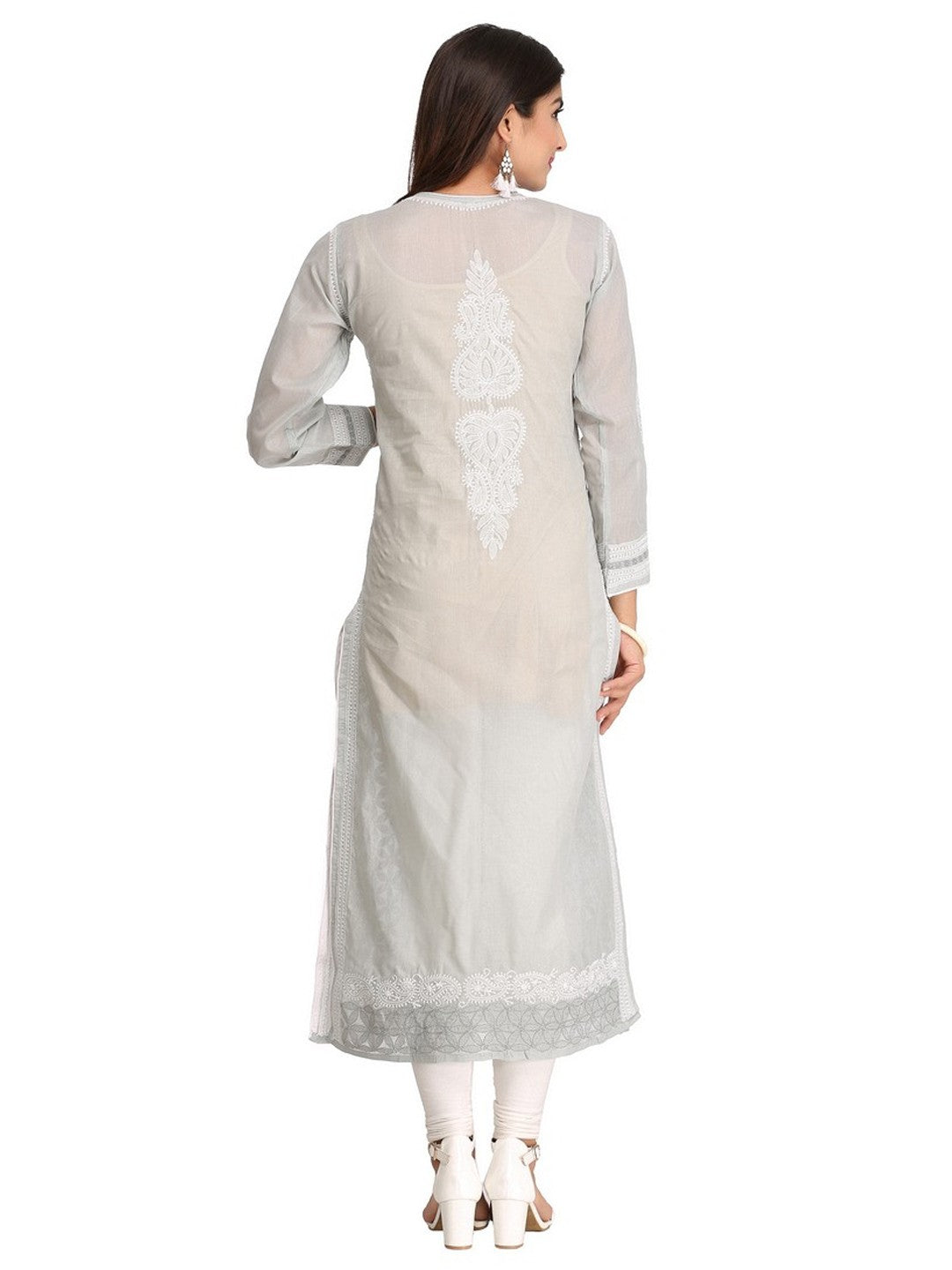 Ada Hand Embroidered Grey Cotton Lucknowi Chikankari Straight Kurta A254288