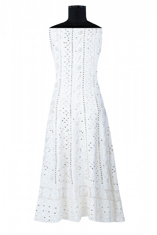 Ada Hand Embroidered White Georgette Lucknowi Chikankari Semi-stitched Anarkali Kurta Dupatta Set With Muqaish Work- A615417