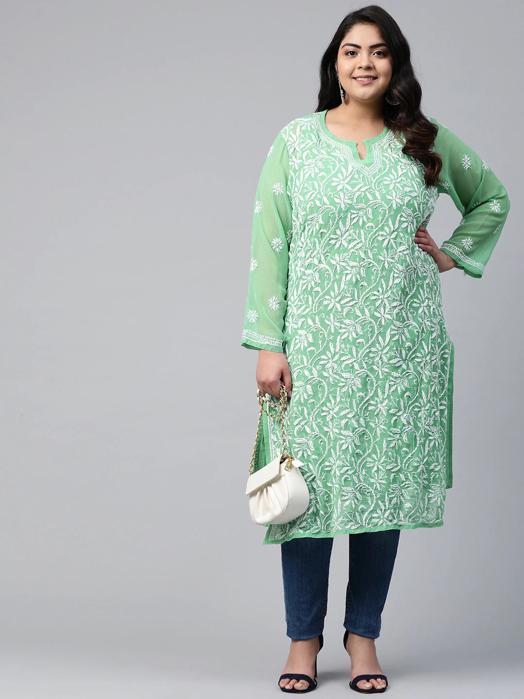 Ada Hand Embroidered Green Georgette Lucknowi Chikankari Straight Kurta with Slip A229644