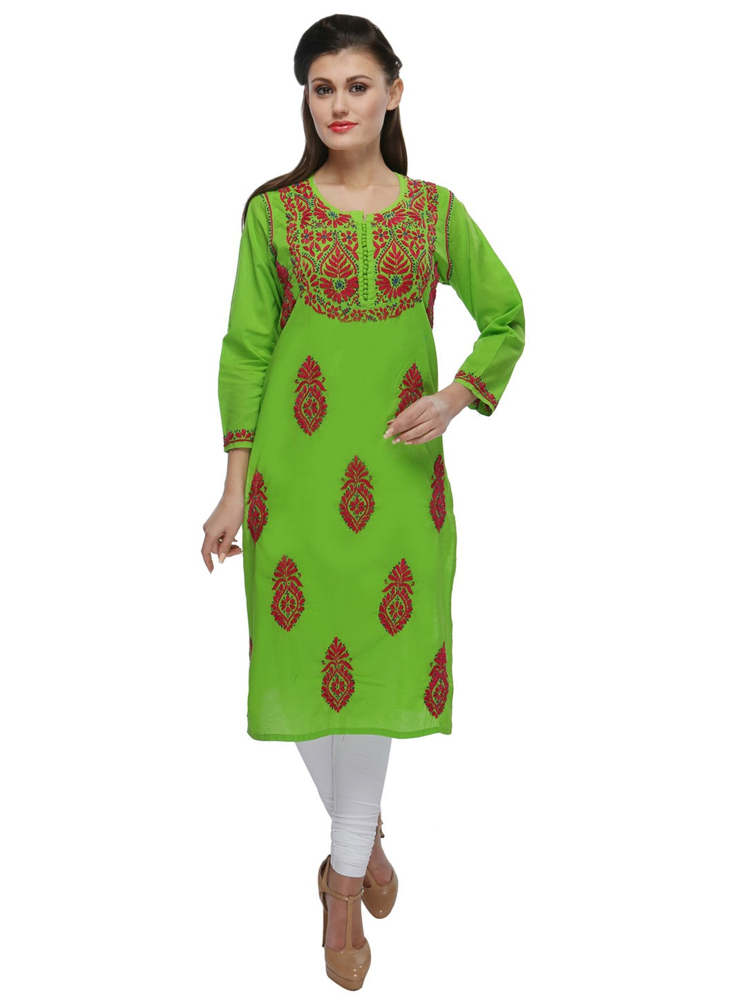 Ada Hand Embroidered Green Cotton Lucknow Chikankari Straight  Kurta A154127