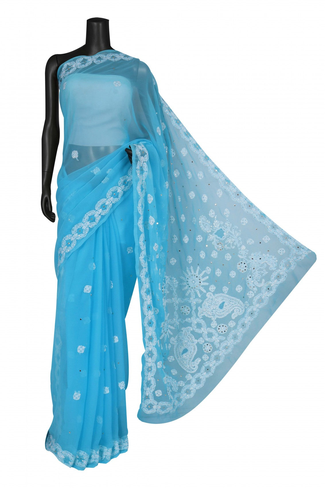 Ada Hand Embroidered Blue Georgette Lucknowi Chikankari Saree/Blouse With Muqaish Work A594465