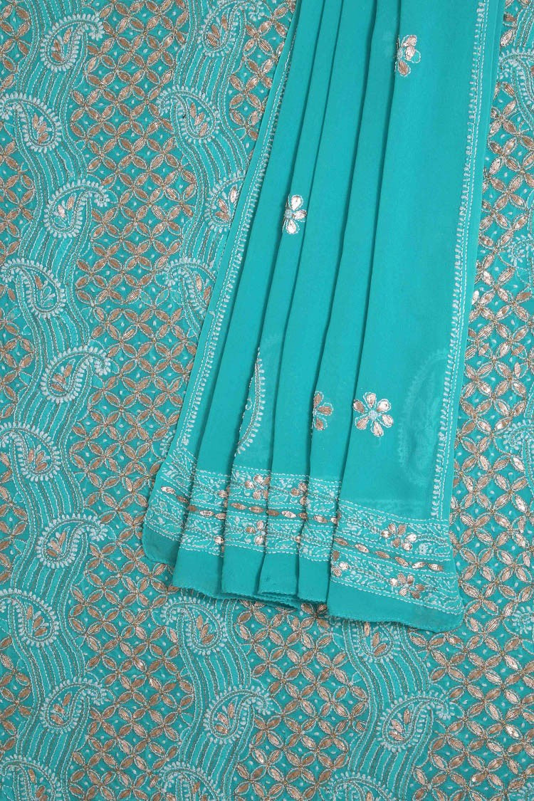 Ada Hand Embroidered Rama Green Georgette Lucknowi Chikan Unstitched Kurta Dupatta Set With Gota Patti Work A443924