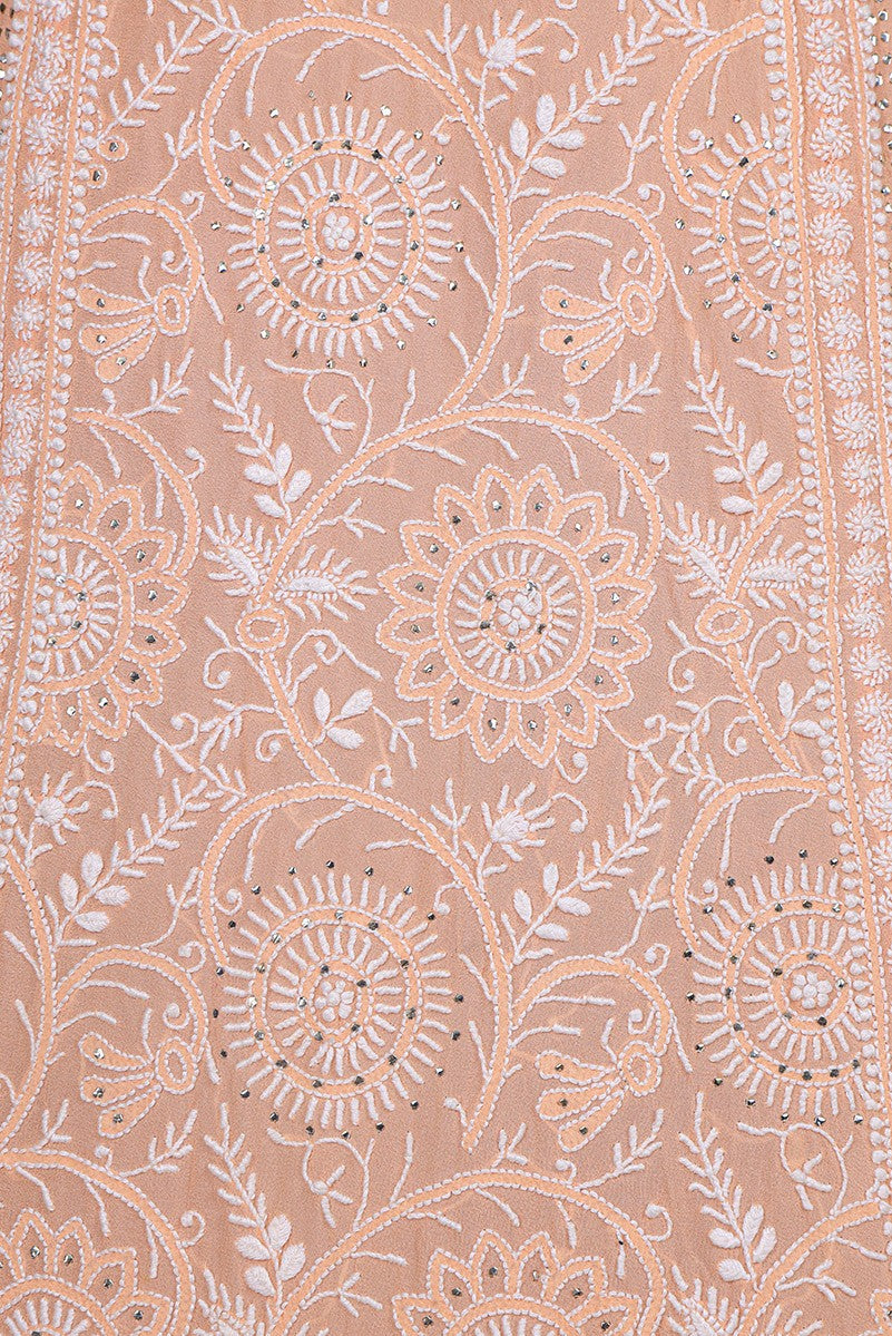 Ada Hand Embroidered Peach Pure Georgette Lucknowi Chikankari Lehenga Set with Muqaish Work A291941