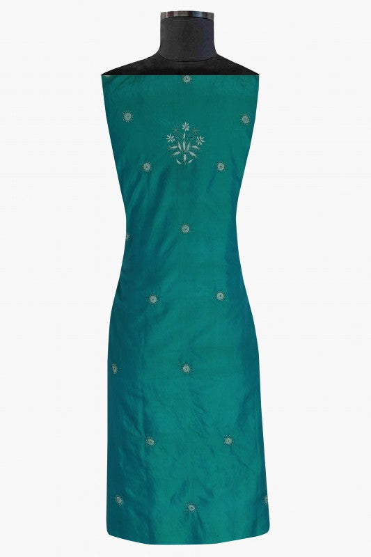 Ada Hand Embroidered Teal Blue Tusser Silk Lucknowi Chikan Semi-Stitched Kurta Piece - A631956