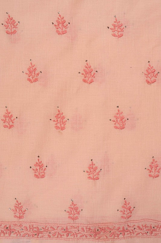 Ada Hand Embroidered Peach Cotton Lucknowi Chikan Unstitched Kurta Piece With Muqaish Work A281435