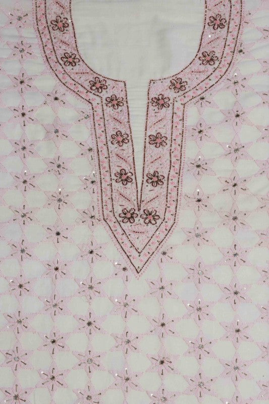 Ada Hand Embroidered Cream Cotton Chikan Unstitched Kurta Piece-A176684