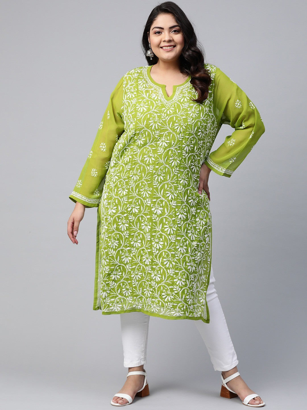 Ada Hand Embroidered Olive Green Georgette Lucknow Chikankari Straight Kurta with Slip A90406