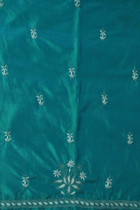 Ada Hand Embroidered Teal Blue Tusser Silk Lucknowi Chikan Semi-Stitched Kurta Piece - A631956