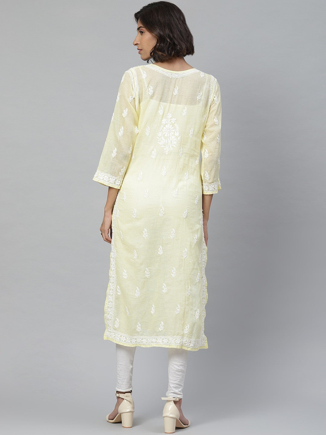 Ada Hand Embroidered Lemon Kota Lucknowi Chikankari Straight Kurta With Slip A411121