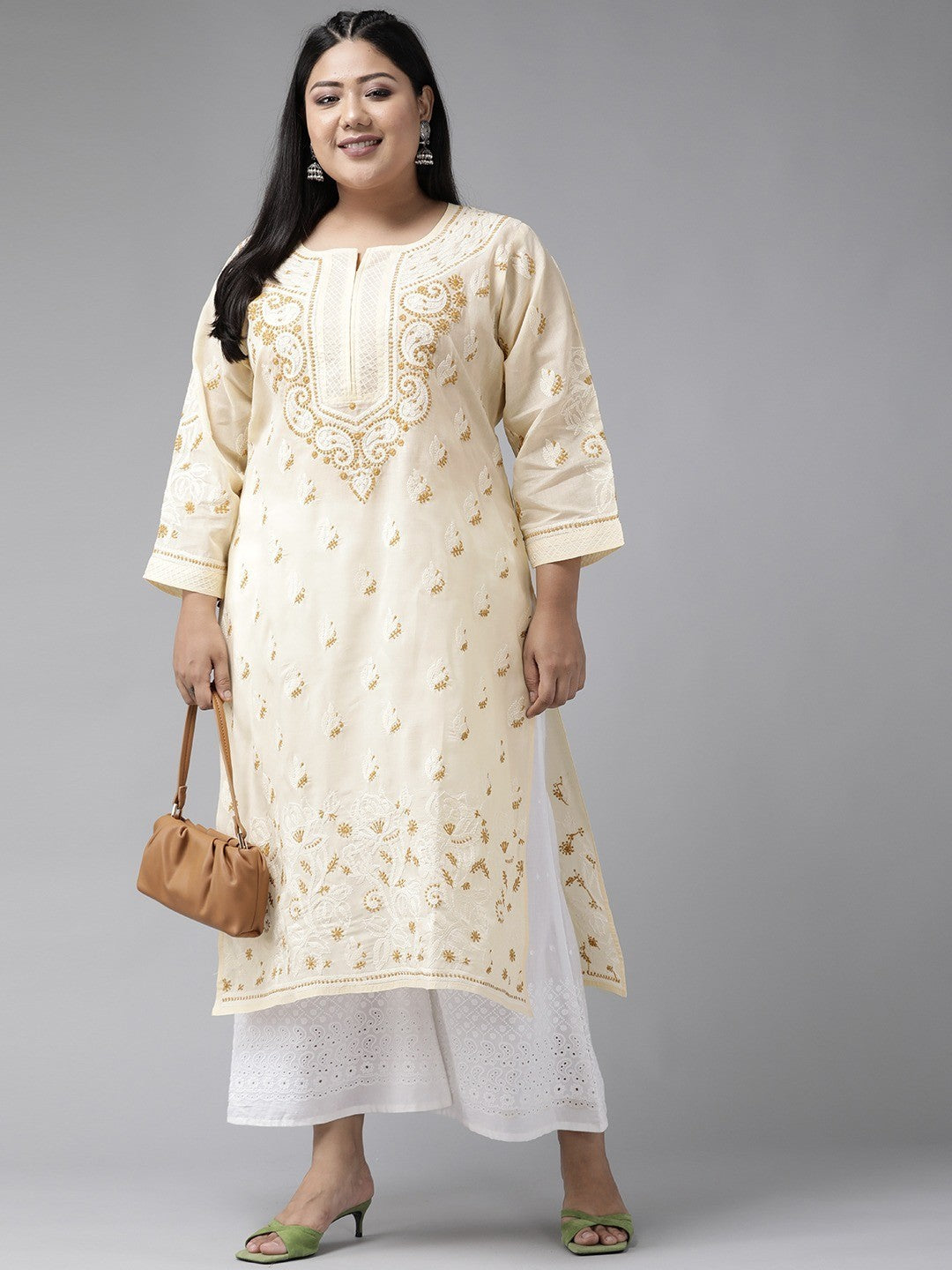 Ada Hand Embroidered Cream Cotton Lucknow Chikan Straight Kurta A411182