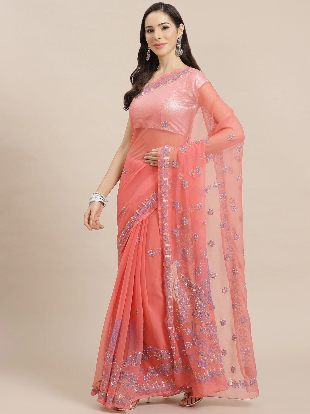 Ada Hand Embroidered Peach Georgette Lucknow Chikan Saree With Blouse A452054