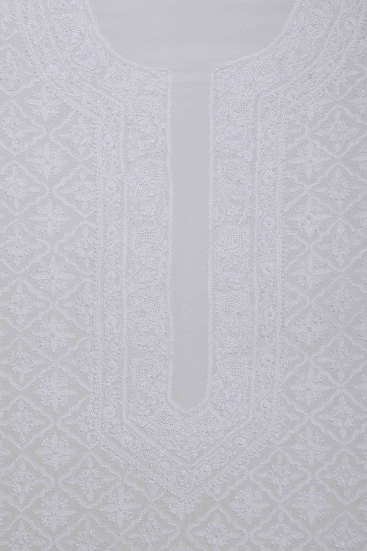 Ada Hand Embroidered White Pure Georgette Lucknowi Chikan Unstitched Men's Kurta Piece A595413