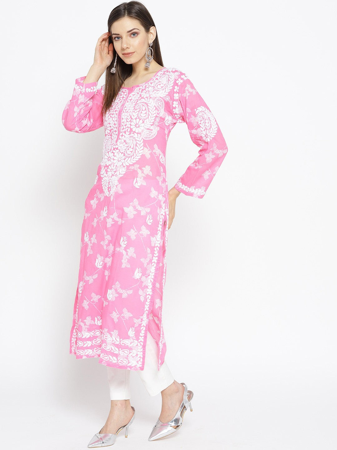 Ada Hand Embroidered Pink Cotton Lucknowi Chikankari Straight Kurta A100109
