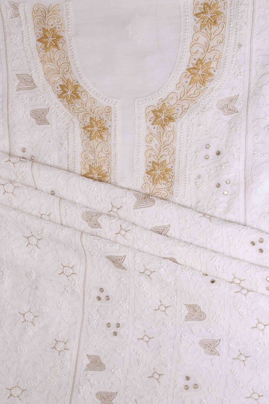 Ada Hand Embroidered White Georgette Lucknowi Chikan Unstitched Kurta Piece with Pearl Work A501433