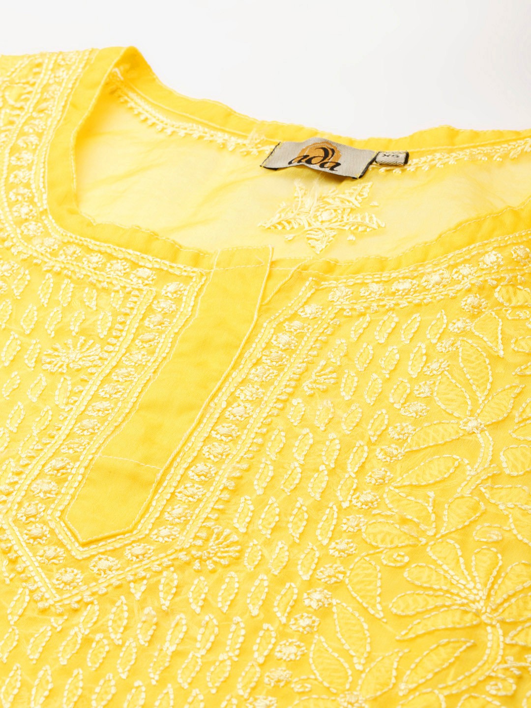 Ada Hand Embroidered Yellow Organza Lucknow Chikan Kurti With Slip-A911162