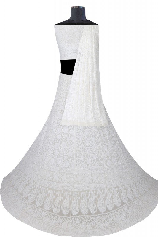 Ada Hand Embroidered White Pure Georgette Lucknowi Chikankari Lehenga Set– A623666