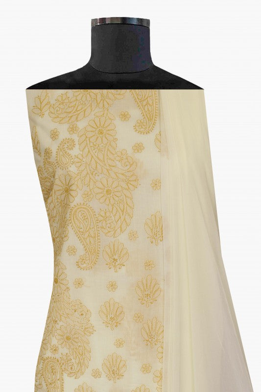 Ada Hand Embroidered Cream Cotton Lucknowi Chikan Unstitched Suit Piece A211126