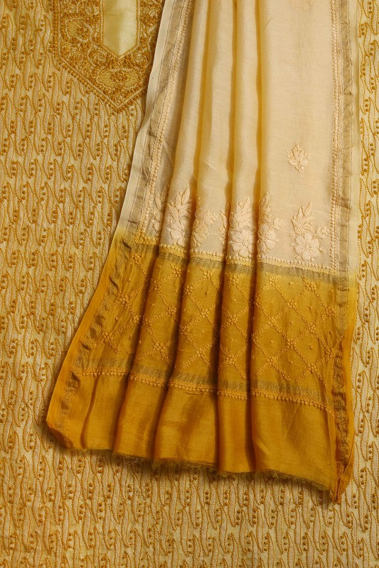 Ada Hand Embroidered Fawn Tusser Silk Chikan Unstitched Kurta Duppata set A606093