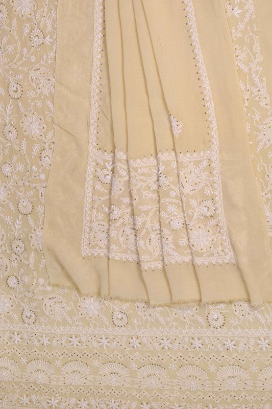 Ada Hand Embroidered Fawn Georgette Unstitched Kurta Dupatta Set With Muqaish Work A336178
