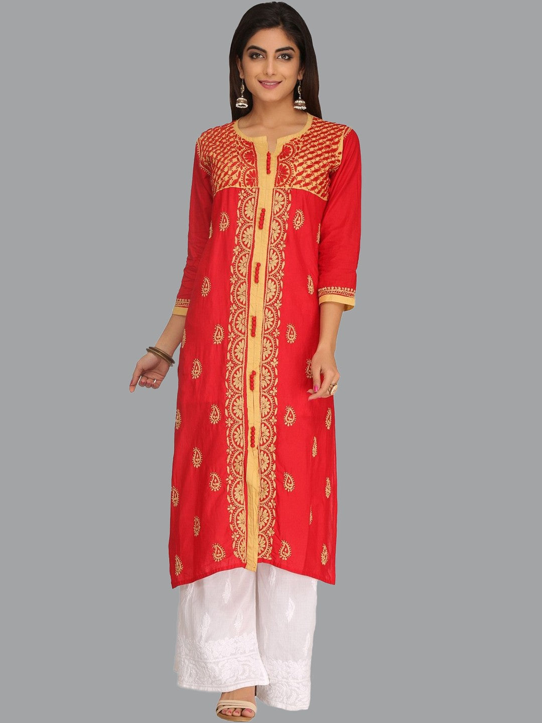 Ada Hand Embroidered Red Cotton Lucknowi Chikankari Straight Kurta A244478