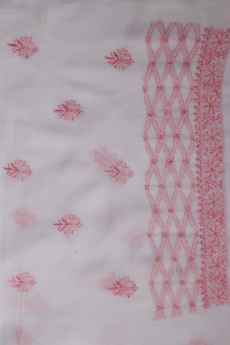 Ada Hand Embroidered White Pure Georgette Lucknowi Chikan Unstitched Kurta Dupatta Set A457085