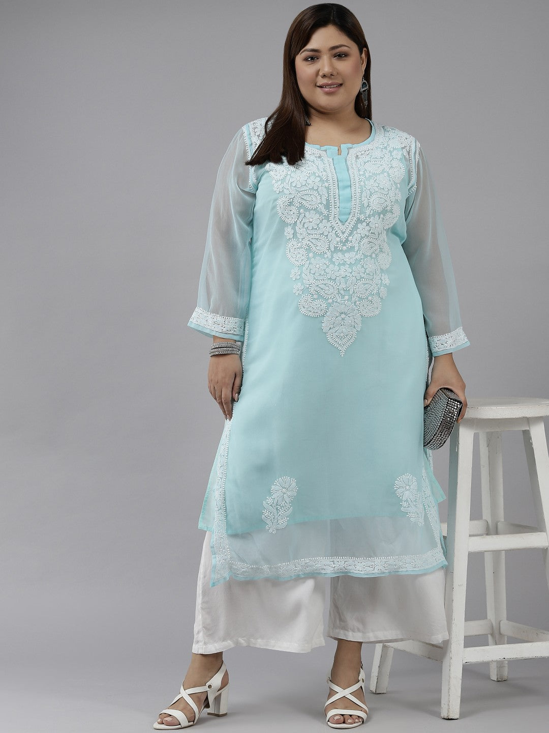 Ada Hand Embroidered Turquoise Blue Georgette Lucknow Chikan Kurta with Slip A411362