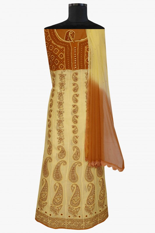 Ada Hand Embroidered Yellow Cotton Lucknowi Chikan Unstitched Suit Piece –A592874