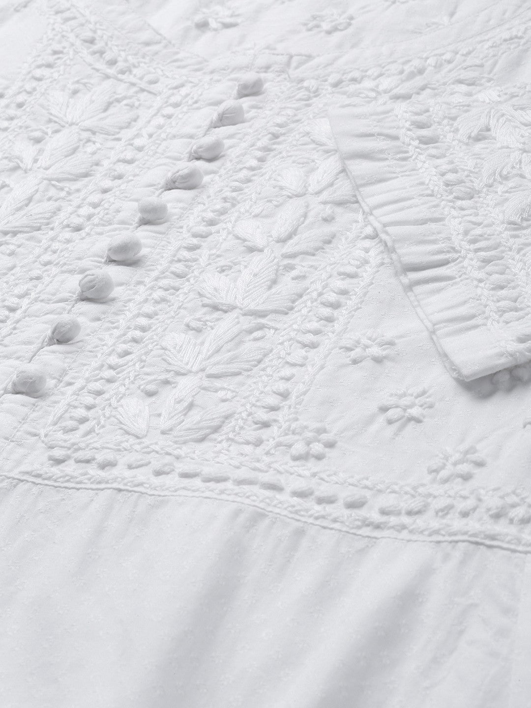 Ada Hand Embroidered White Cotton Lucknowi Chikankari A-line Kurta A100419