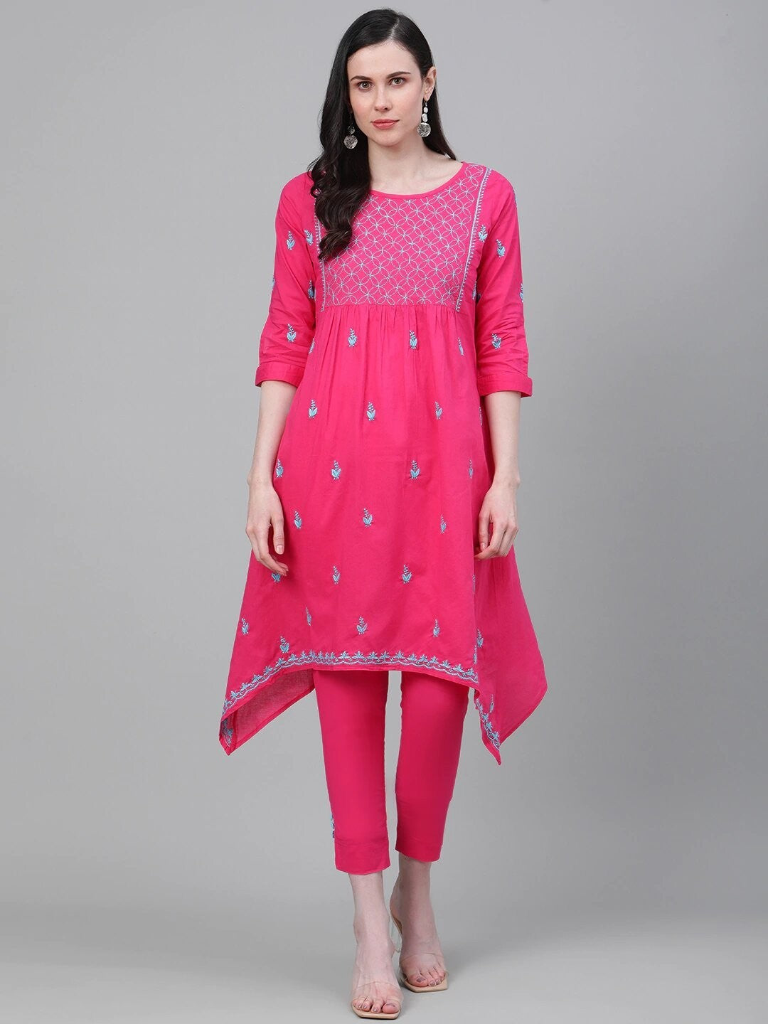 Ada Hand Embroidered Dark Pink Cotton Lucknowi Chikankari Kurta With Trouser A100336