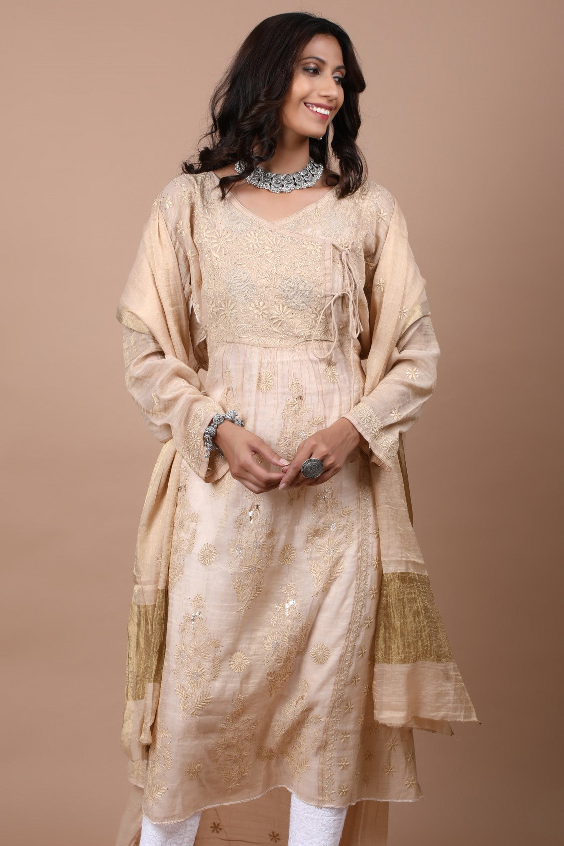 Ada Hand Embroidered Natural Fawn Tissue Lucknowi Chikankari Semi-stitched Kurta Dupatta Set With Muqaish Work 01A111783