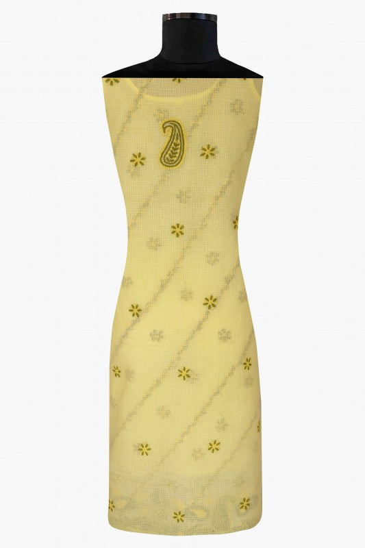 Ada Hand Embroidered Yellow Kota Lucknowi Chikan Unstitched Kurta Piece A590537